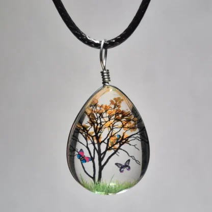 Orange Dried Flower Teardrop Shaped Resin Pendant - Image 2