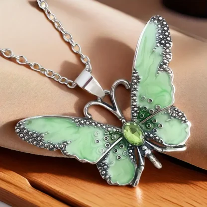 Pastel Green Enamel Butterfly Pendant With Rhinestone Body