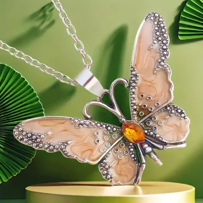 Pastel Orange Enamel Butterfly Pendant With Rhinestone Body