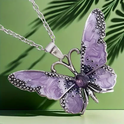 Pastel Purple Enamel Butterfly Pendant With Rhinestone Body