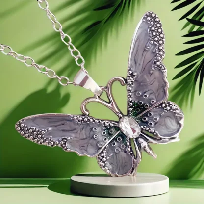 Pastel Smokey Grey Enamel Butterfly Pendant With Rhinestone Body