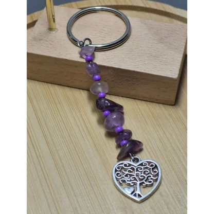 Purple Bead & Amethyst Stone Keychain with Tree of Life Heart Charm