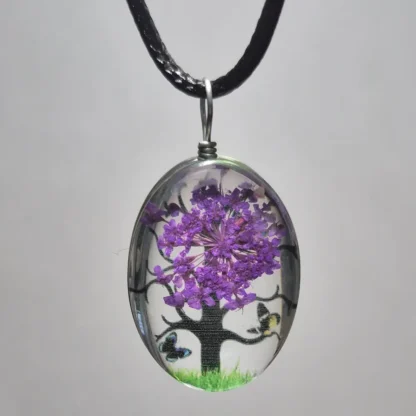 Purple Dried Flower Oval Shaped Resin Pendant