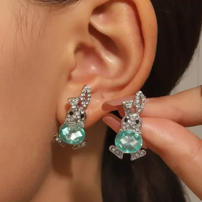 Rhinestone Bunny with Pale Green Synthetic Gem Earrings