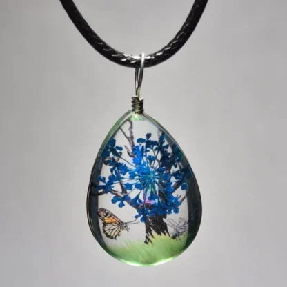 True Blue Dried Flower Teardrop Shaped Resin Pendant