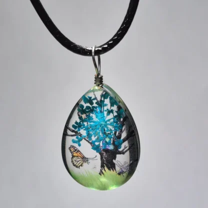 Teal Blue Dried Flower Teardrop Shaped Resin Pendant