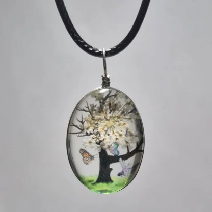 White Dried Flower Oval Shaped Resin Pendant