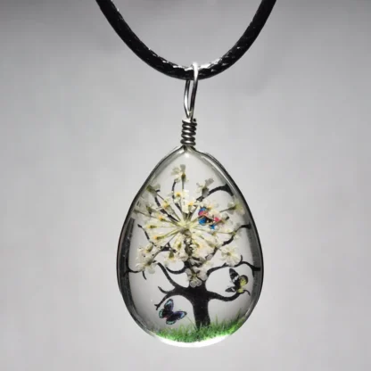 White Dried Flower Teardrop Shaped Resin Pendant