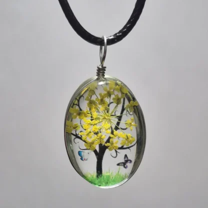 Yellow Dried Flower Oval Shaped Resin Pendant