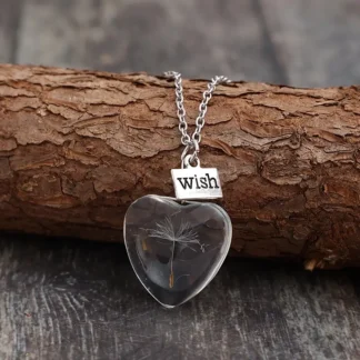 Heart Shaped Dried Dandelion Seed in Resin Pendant With A Wish Charm