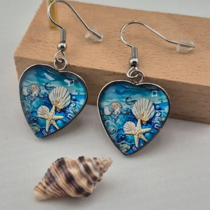 Heart Shaped Seashell Glass Cabochon Earrings