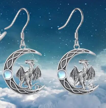 Silvery Dragon Earrings On A Cresent Moon