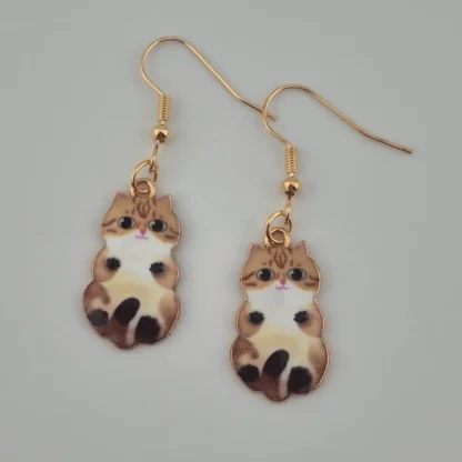 Tan And White Enamel Cat Earrings